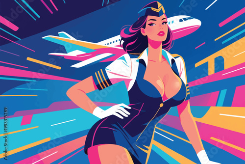 Beautiful Sexy Flight Attendant Woman Vector Illustration Creative Design Template 