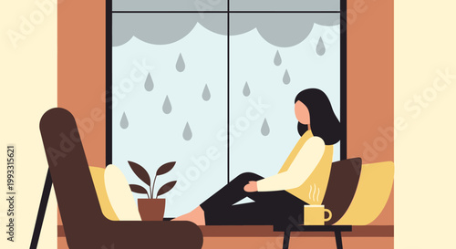 Woman sitting by window on a rainy day feeling melancholic.