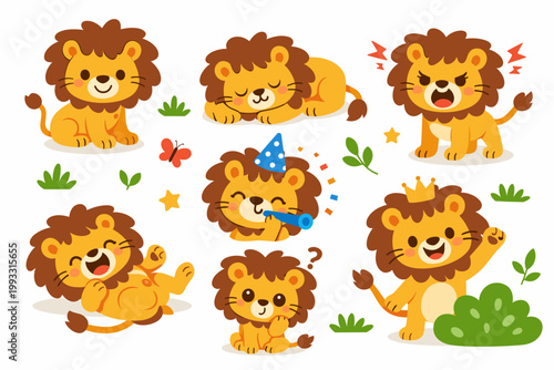 Collection of cute lion characters in flat vector style for children, featuring various emotions and poses including sleeping, roaring, laughing, celebrating with a party hat, and thinking.