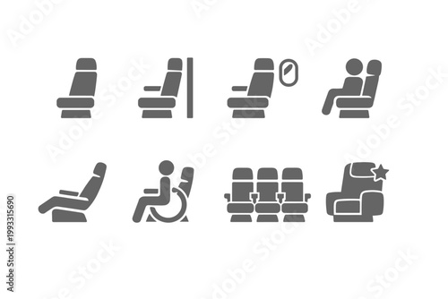 Airplane Seating Icon Set Featuring Single Seat, Aisle, Window, Occupied, Reclining, Accessible Wheelchair, Group Row, and Premium First Class Options for Airline Travel and Flight Booking Maps