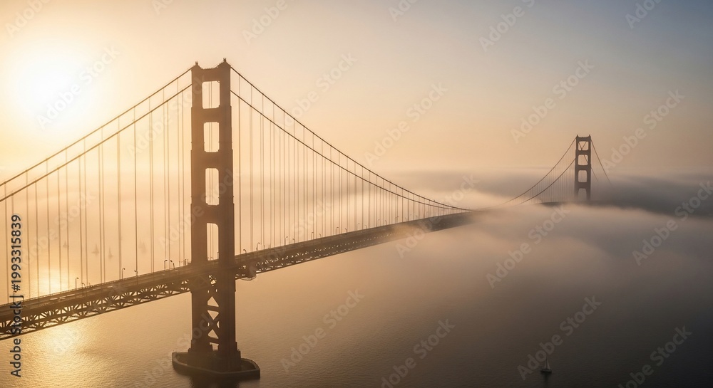 Fototapeta premium Suspension bridge at sunset with fog and golden light