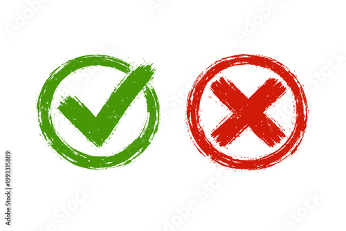 Distressed Aesthetic Approval and Rejection Indicators Showcasing Emerald Ticks and Crimson X Marks with Textured Ink Smears Representing Affirmative and Negative Selection Criteria Icons