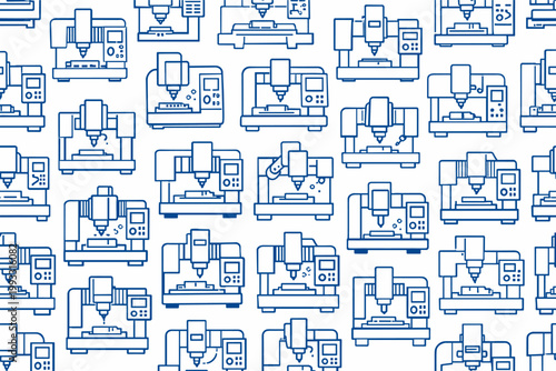 Seamless pattern of blue outline icons of automated CNC milling machines. Industrial manufacturing equipment background for engineering, metalworking, and factory automation design projects.