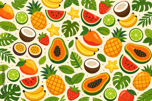 Seamless Tropical Fruit Pattern Background with Pineapple, Mango, Papaya, Watermelon, Banana, Strawberry, Coconut, Lime, Passion Fruit, Starfruit and Monstera Leaves Flat Vector Illustration