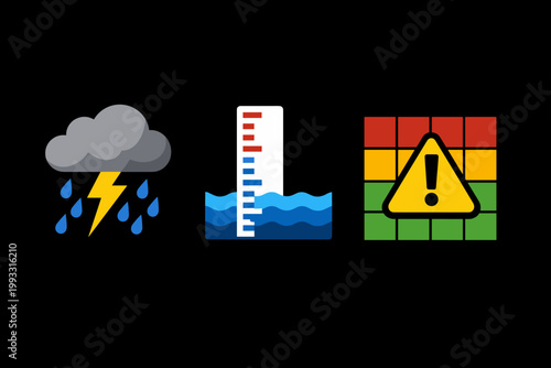 Set of three flat vector icons representing extreme weather and flood risk including a thunderstorm with rain and lightning, a water level gauge for monitoring, and a warning alert symbol.