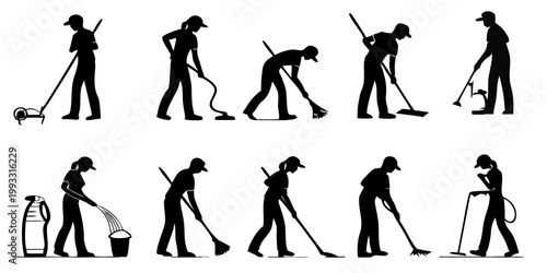 Silhouettes of people cleaning with various tools and equipment