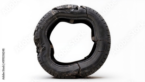 Worn damaged tire with cracks isolated on white background