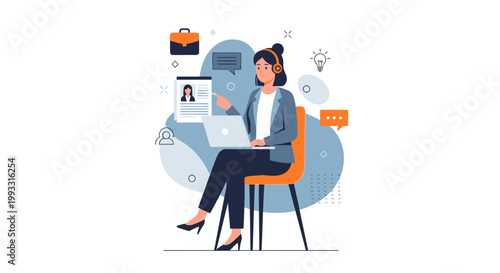 Woman with headset working remotely on laptop, online job search, remote work concept