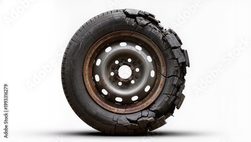 Worn damaged tire with cracks isolated on white background
