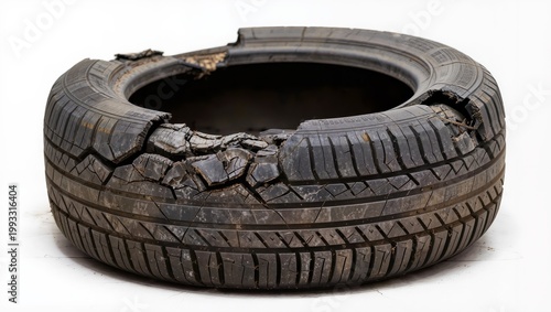 Worn damaged tire with cracks isolated on white background