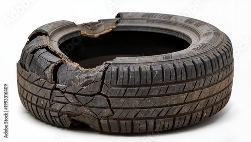 Worn damaged tire with cracks isolated on white background