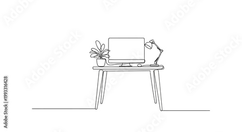 Minimalist Desk Setup: Computer, Lamp, and Plant in Line Art Style