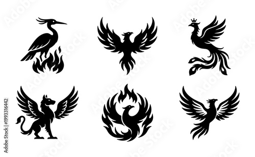 Mythical phoenix bird silhouettes set, 6 black fire bird vector icons, legendary griffin and firebird illustrations for logo design and branding
