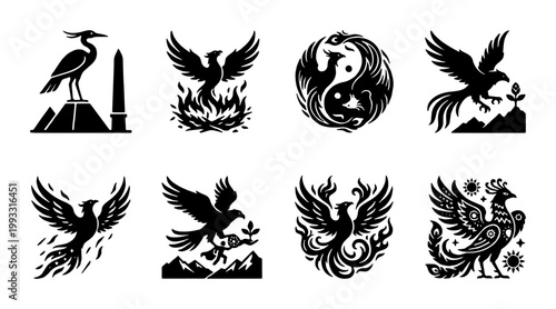 Mythical phoenix bird icons set, black silhouette firebird and eagle symbols, 8 vector graphic elements for logo design and branding