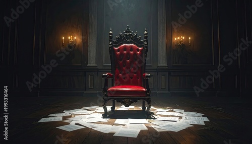 Red Leather Ornate Throne in Dark, Regal Room with Scattered Papers