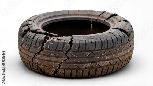 Worn damaged tire with cracks isolated on white background