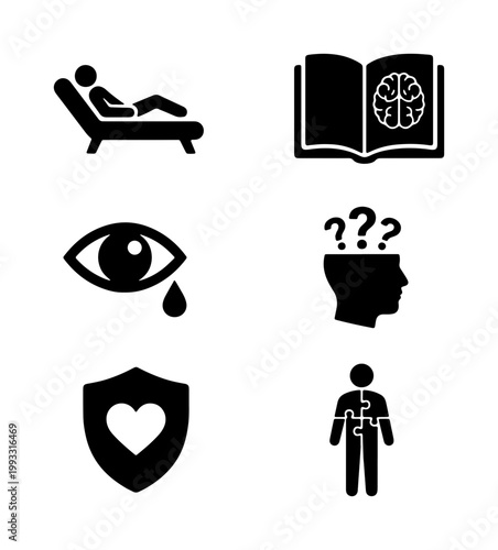 Mental health icons set, psychology and therapy symbols collection, 6 black vector silhouettes for counseling and psychiatric medicine