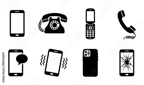 Photos Vintage and modern telephone icons set, black silhouette mobile phone and landli