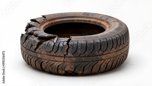 Worn damaged tire with cracks isolated on white background