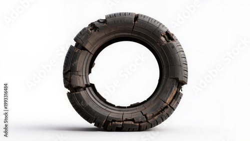 Worn damaged tire with cracks isolated on white background