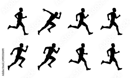 Athletic running man silhouettes set, 8 male runner icons in motion, black sprinting figures on white background, sport and fitness vector collection