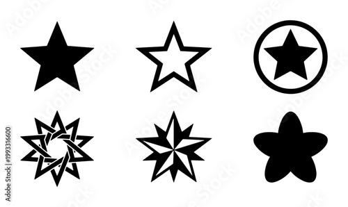 Minimalist black star icons set, collection of 6 geometric star vector symbols, simple flat star shapes for rating and UI design