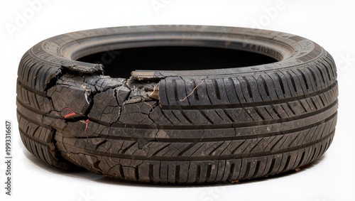 Worn damaged tire with cracks isolated on white background