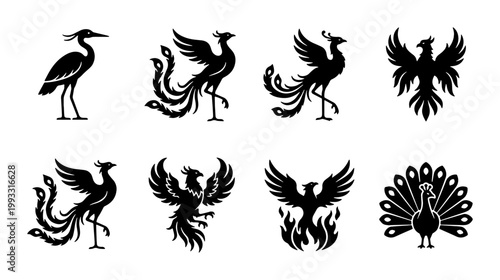 Mythical phoenix bird silhouettes set, 8 black vector icons of firebird and peacock, elegant crane and heron bird symbols for logo design