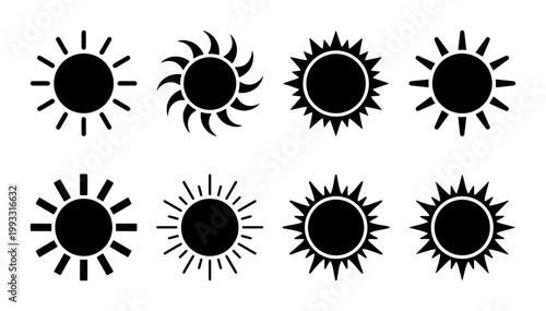 Minimalist sun icon set with 8 black vector silhouettes, geometric solar symbols for weather forecasting, simple sunshine graphic elements for UI design