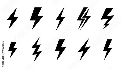 Lightning bolt icon set, 10 black thunderbolt vector symbols, electric power and energy flash signs, minimalist storm weather graphic elements