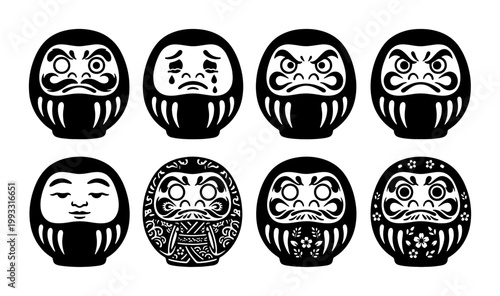 Japanese Daruma doll vector set, traditional black and white Zen monk figurines with various facial expressions, 8 oriental luck charms for goal setting