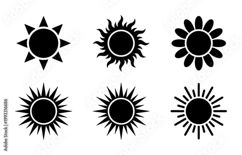 Minimalist sun icon set with 6 black vector silhouettes, celestial sunburst symbols for weather forecasting and summer branding, flat solar graphics