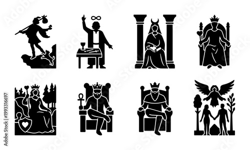 Mystical tarot major arcana icons set, black silhouette occult symbols, spiritual divination vector elements for esoteric branding and astrology