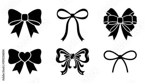 Black ribbon bow silhouette icons, set of 6 decorative gift bows, elegant knot vector elements for wedding invitations and holiday packaging