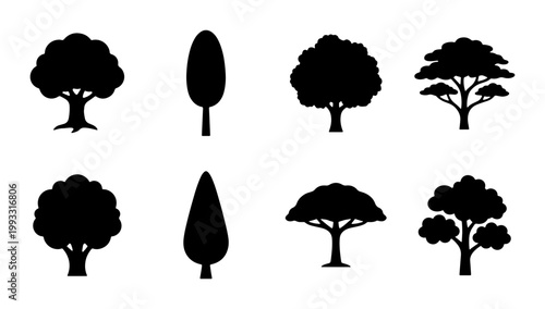 Black tree silhouettes set, 8 minimalist forest plant icons, flat vector nature elements for landscape design and environmental graphics