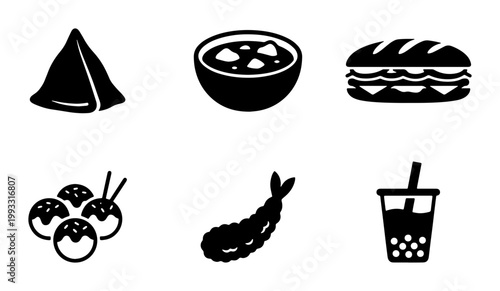 Minimalist street food icons set, black silhouette food vector collection, 6 global snack symbols including samosa, takoyaki, and bubble tea