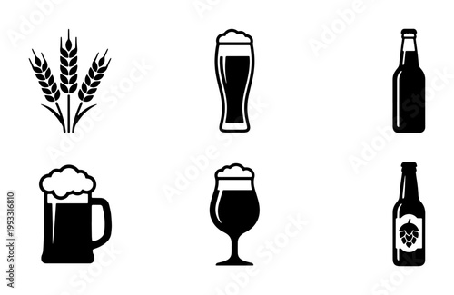 Craft beer icon set with wheat, glass, and bottle vectors. Black brewery symbols for pub menus and bar branding. Minimalist alcohol beverage illustrations.