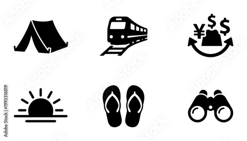 Minimalist travel icons set, black silhouette vacation symbols, 6 vector elements for tourism and outdoor adventure, simple camping and transport graphics