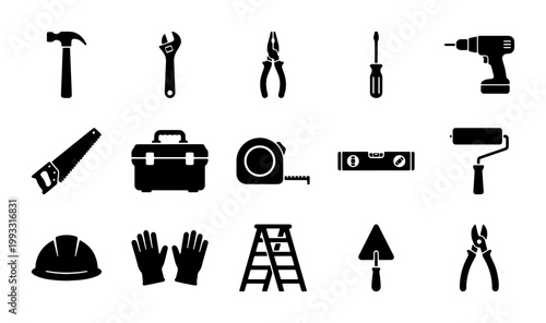 Construction tools icon set, 15 black silhouette hardware elements for home improvement, industrial repair equipment vector collection for diy projects