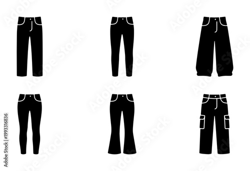 Black denim jeans icons set, 6 vector pants silhouettes with different fits, casual trousers collection including skinny and cargo styles for fashion design