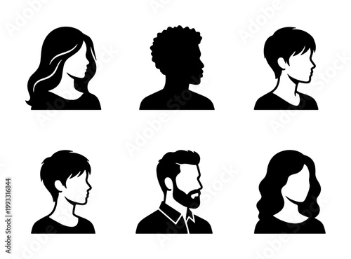 Minimalist profile silhouette icons of diverse people, black and white human head avatars, set of 6 vector user portraits for web interface