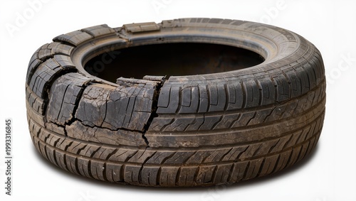 Worn damaged tire with cracks isolated on white background