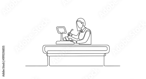 Cashier working at checkout counter with computer and scanner, single line drawing