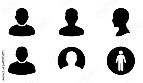 Minimalist user profile icons set, black human avatar silhouettes, 6 diverse person head and shoulder symbols for web interface and app design