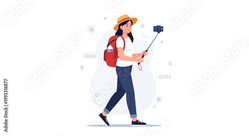 Woman traveler with backpack taking selfie on selfie stick, enjoying vacation