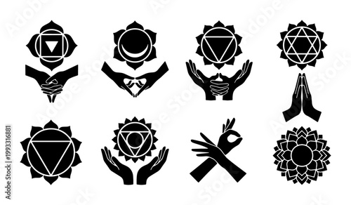 Sacred chakra symbols and mudra hand gestures set, black spiritual yoga icons, meditation energy centers and healing hand positions vector collection