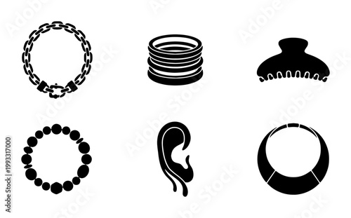 Minimalist jewelry icon set, black silhouette fashion accessories, 6 vector elements including necklace, bracelet, earrings and hair clip