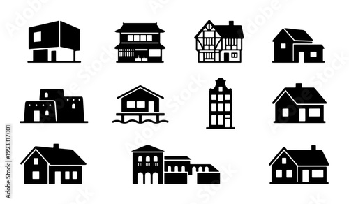 Minimalist house icons set, 11 architectural building silhouettes, modern and traditional home styles vector, real estate property symbols