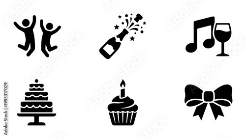 Celebration party icon set with 6 black solid vectors, birthday event symbols including cake and champagne, festive holiday graphic elements for invitations