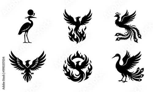 Mythical phoenix bird silhouettes set, 6 black vector icons of fire birds and flaming eagles, ancient egyptian bennu and peacock style emblems